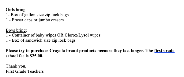 1st Grade Supply List 24-25 pt 2